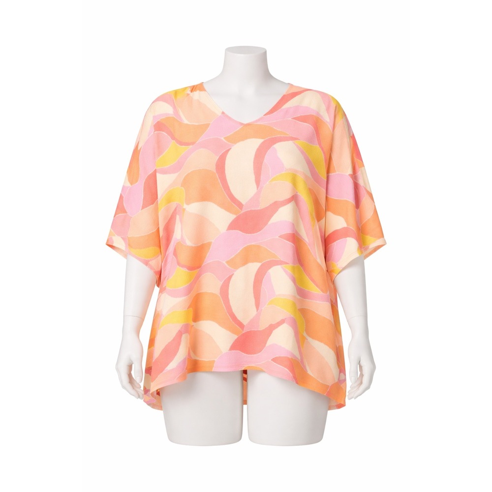 Belle by Kim Gravel Womens XL Aloha Poncho Sunshine Waves Pink Orange Yellow Top